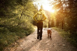 A person hikes with their dog along a forest path. This could represent the benefits of exercise and overcoming grief. Learn more about grief counseling in Savannah, GA by contacting a grief counselor in Savannah, GA or searching for therapists in Savannah, GA today.
